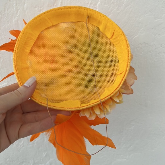 Derby, Tea Party, Wedding Guest fascinator, orange, yellow, feathers, flowers main image 4